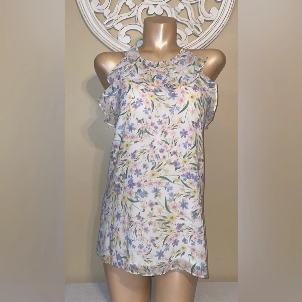 Calvin Klein women’s blouse XL 16 18 top spring floral ruffle blouse CK white